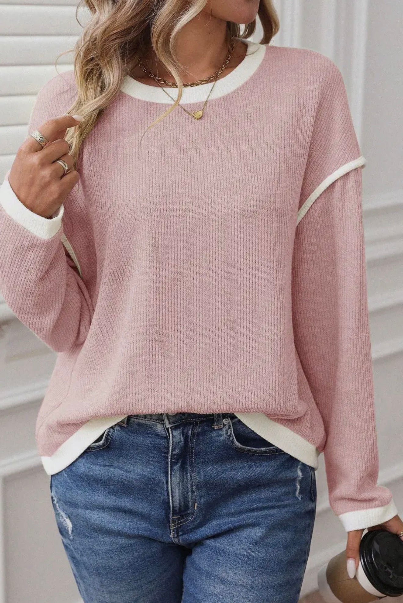 Pink Colorblock Long Sleeve Pullover Top