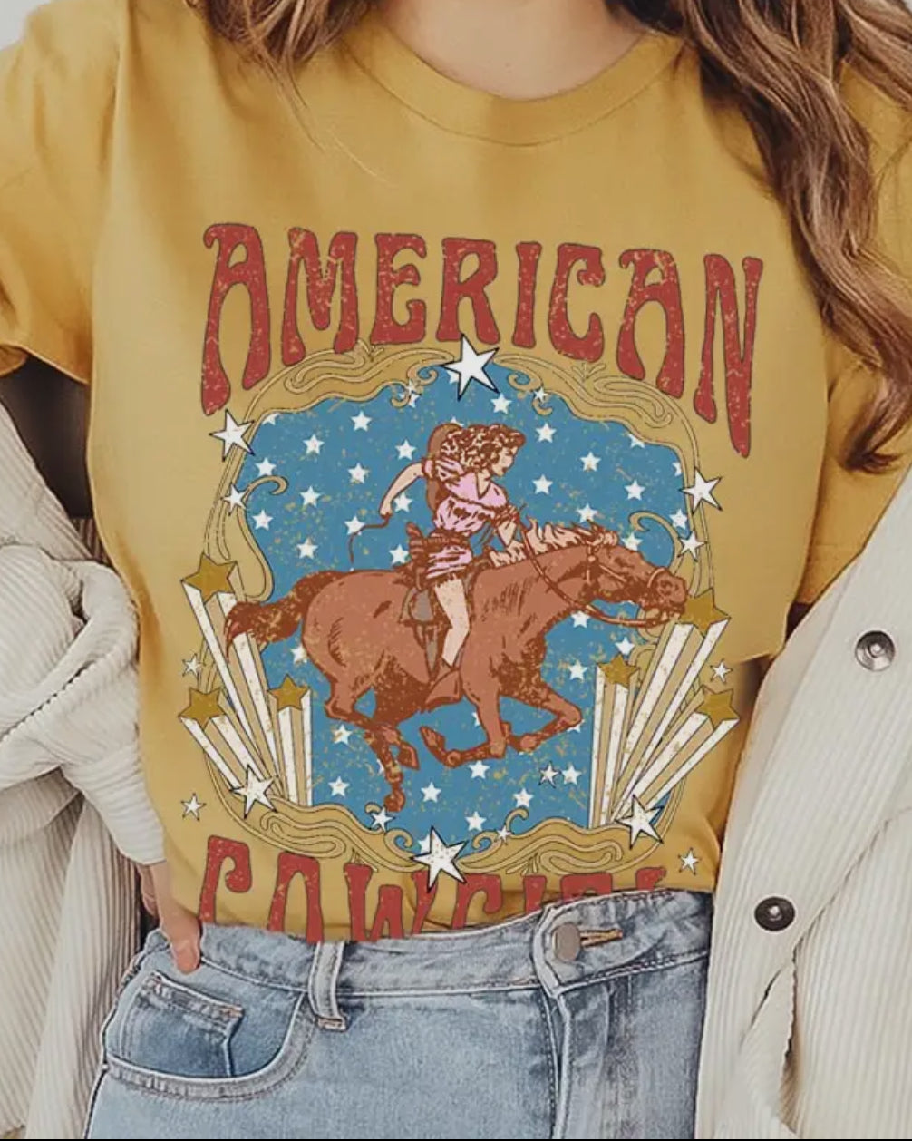 American Cowgirl Tee in mustard