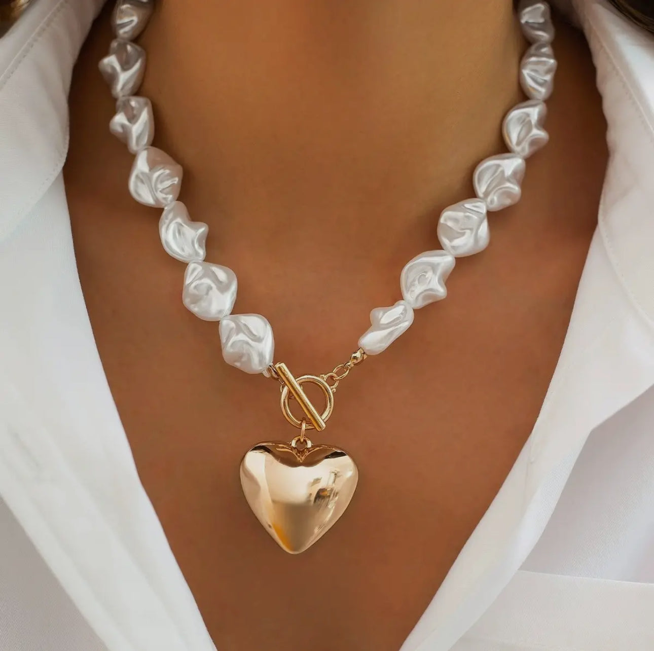 Pearl beaded heart charm toggle necklace