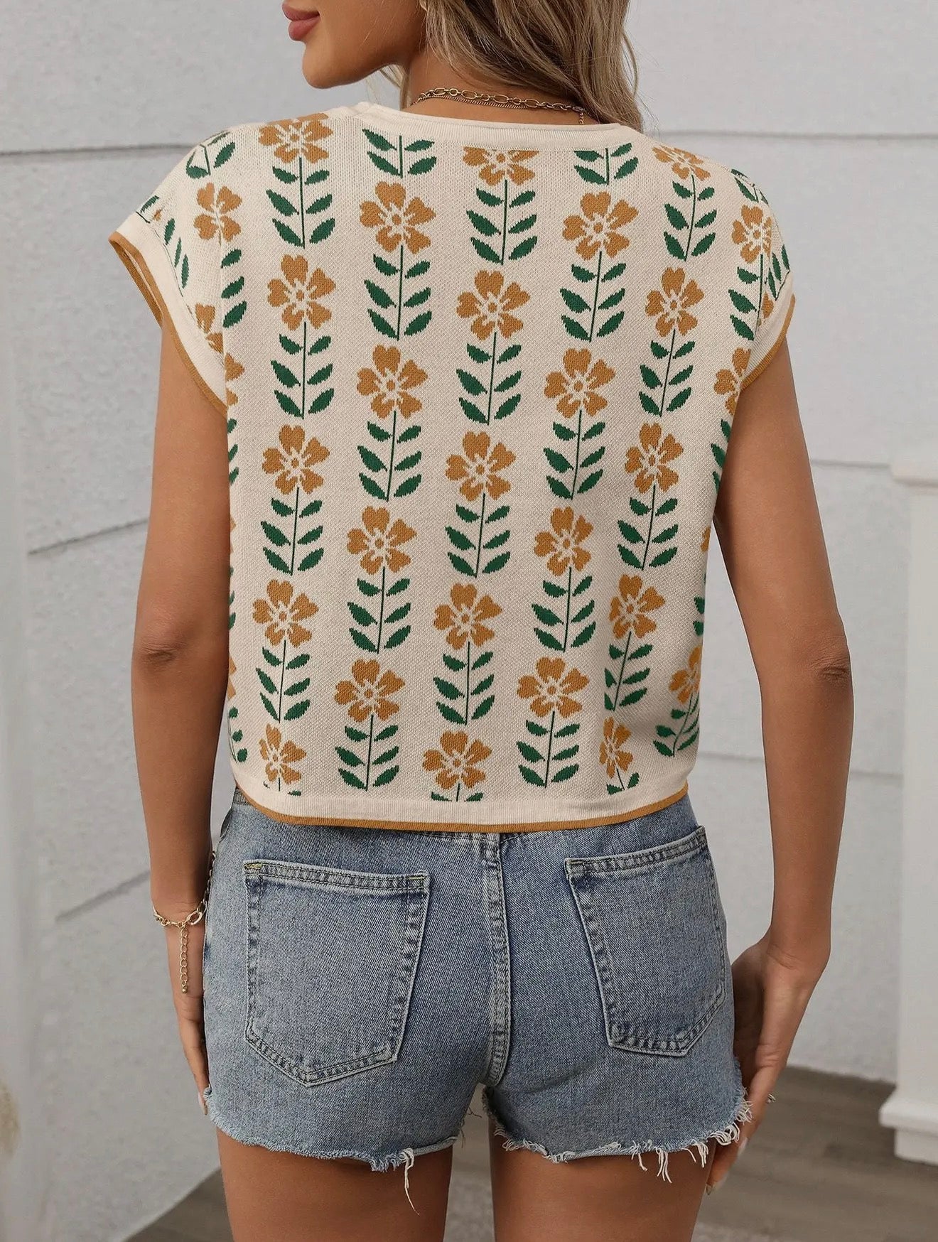 Retro Floral Cap Sleeve Sweater