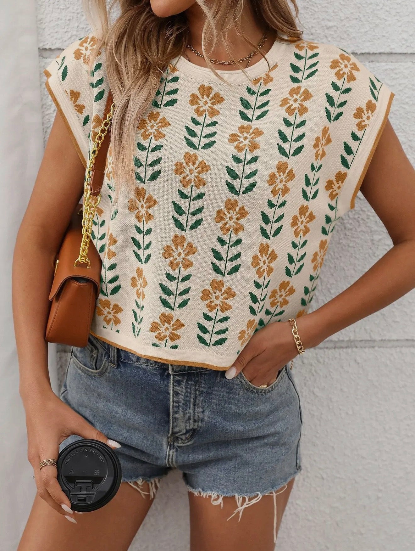 Retro Floral Cap Sleeve Sweater