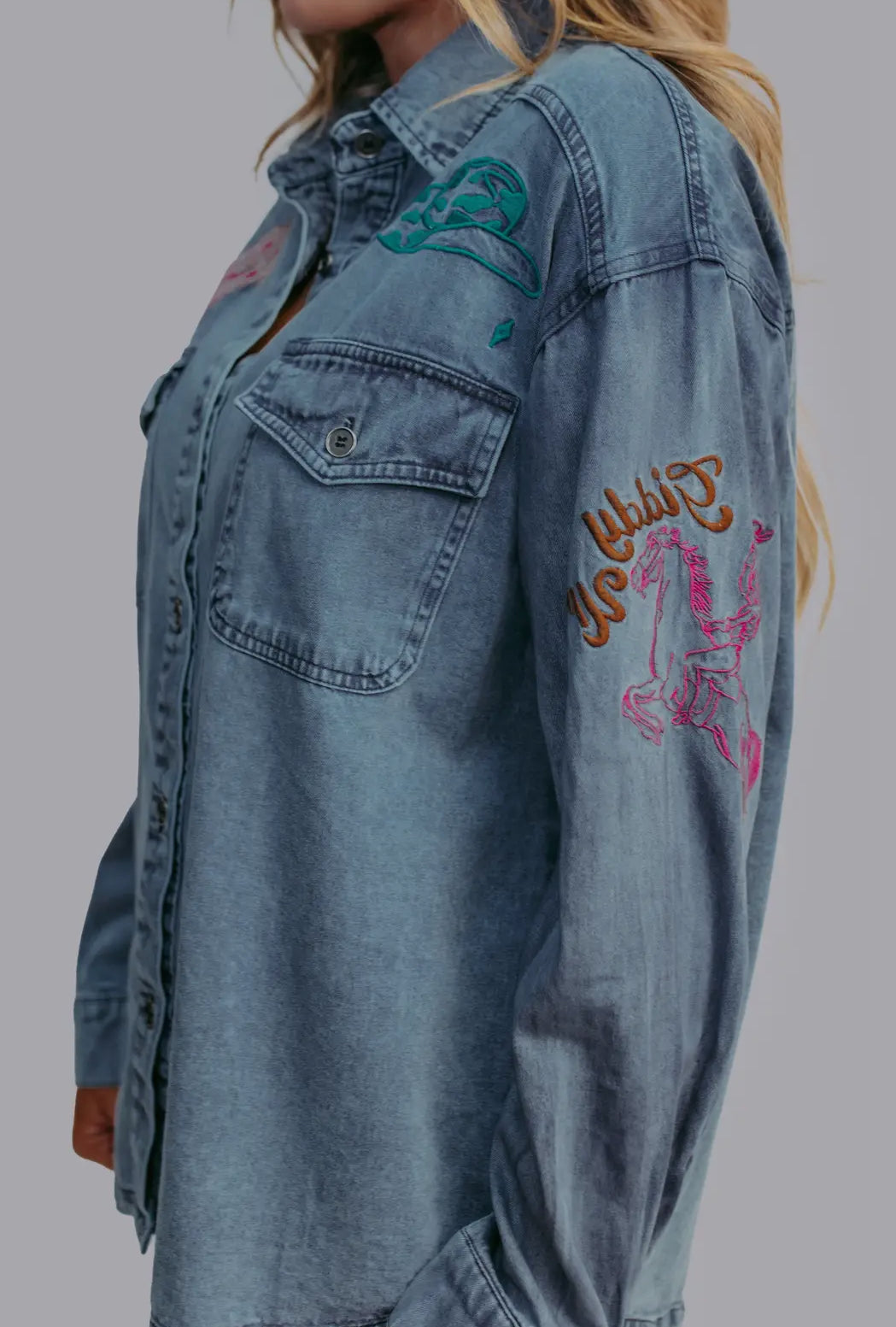 Giddy Up Embroidery Denim Button Up