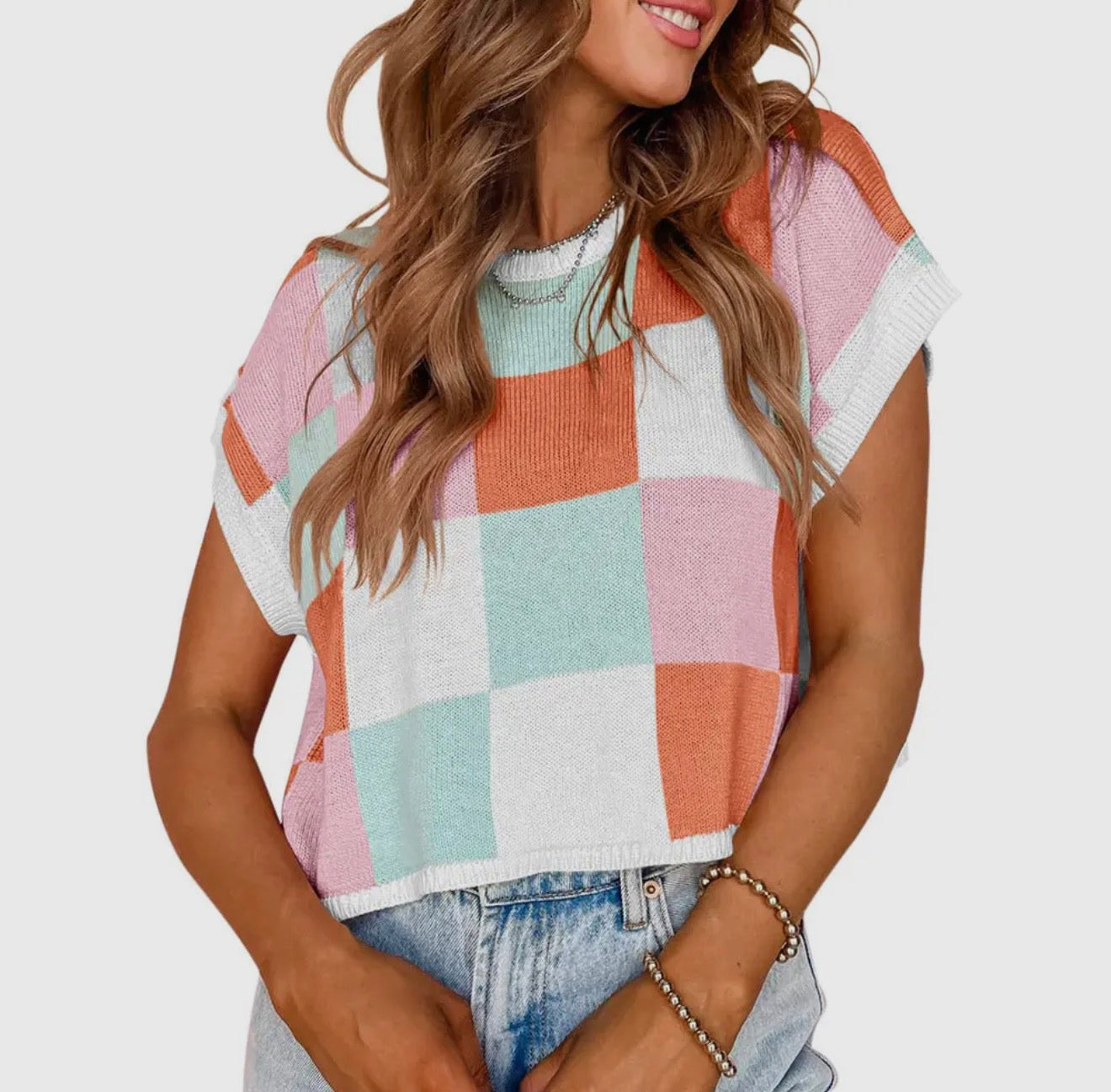 Colorblock Checkered Cap Sleeve Sweater