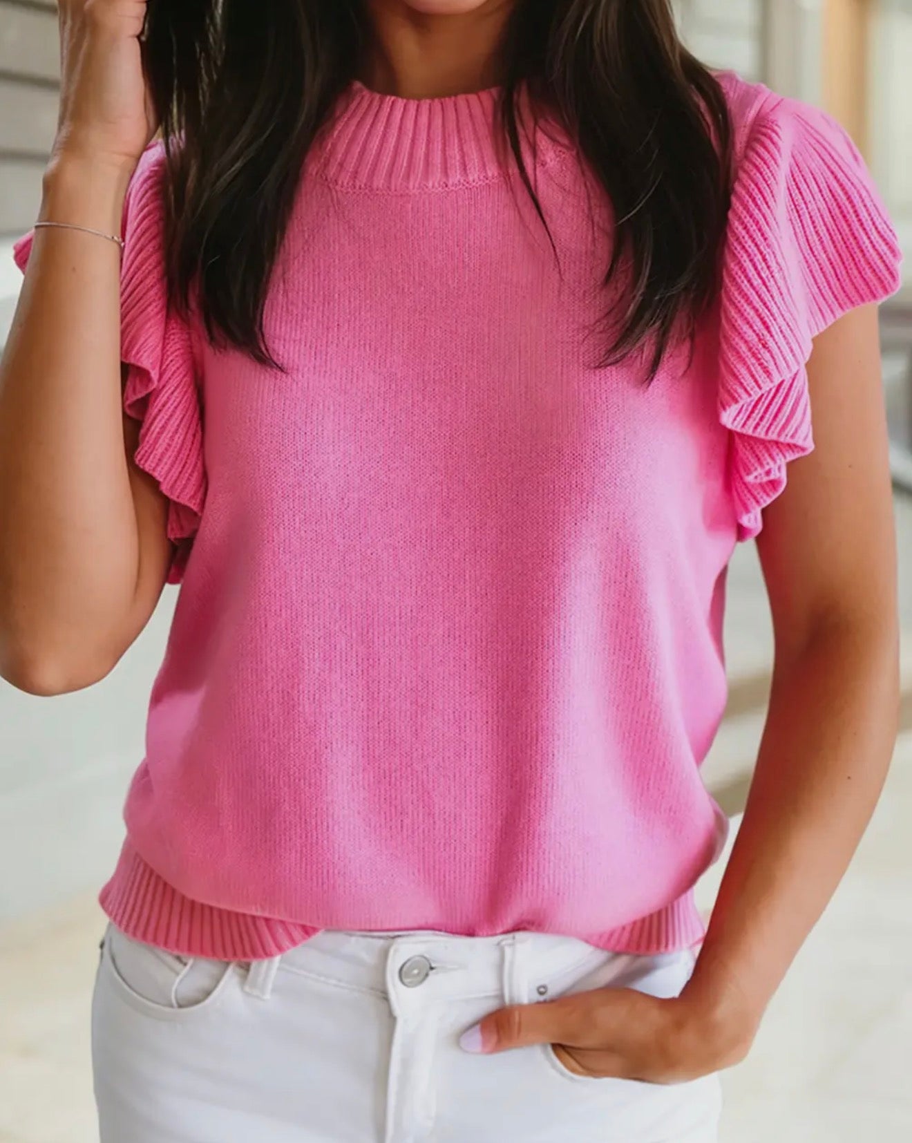 Pink Ribbed Trim Ruffle Sleeve Sweater