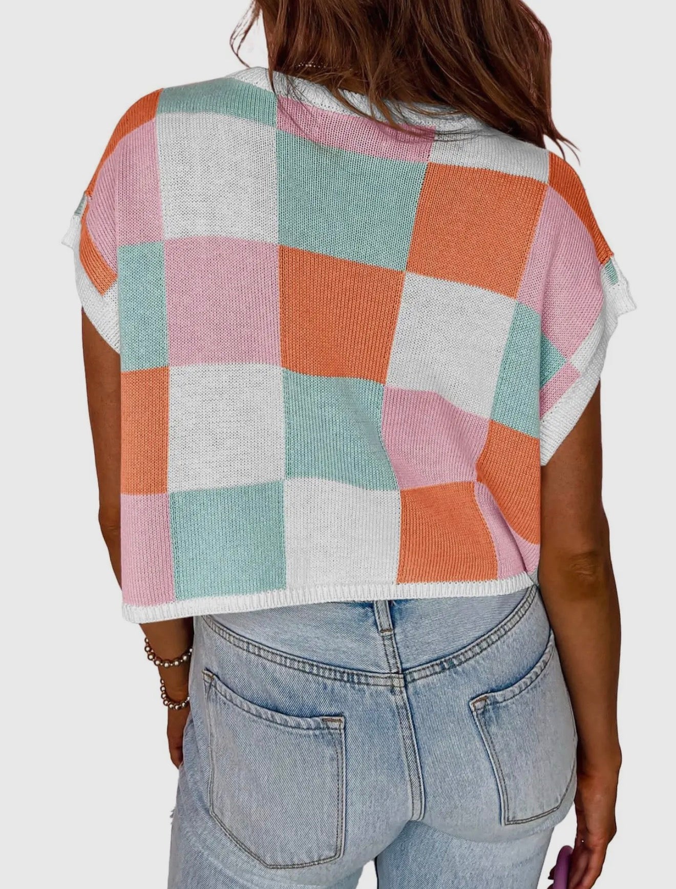 Colorblock Checkered Cap Sleeve Sweater