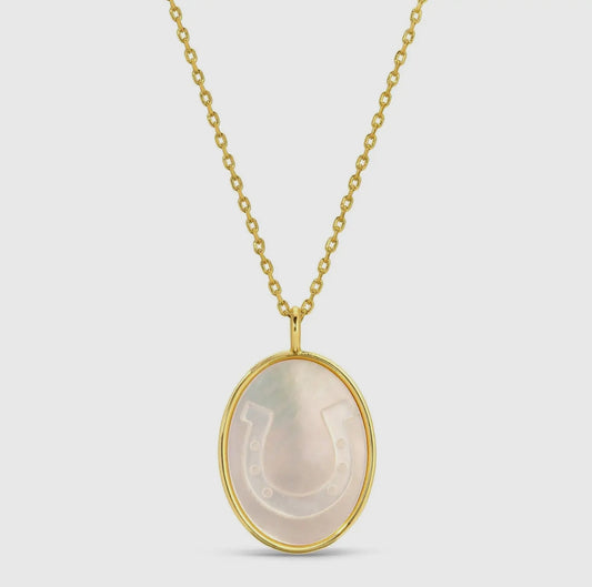 Horse Shoe Etched Shell Oval Pendant Necklace